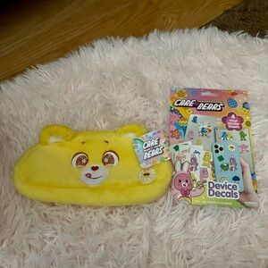 Care Bears Yellow Pencil Case with Device Decals NEW Sunshine Fuzzy